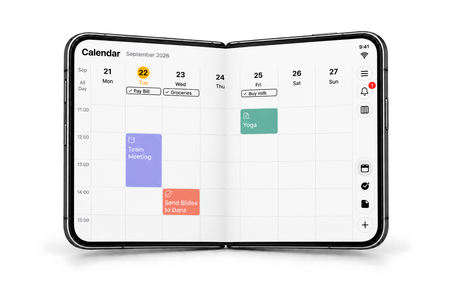 24me’s weekly calendar on the open iPhone Duo, shown slightly folded.