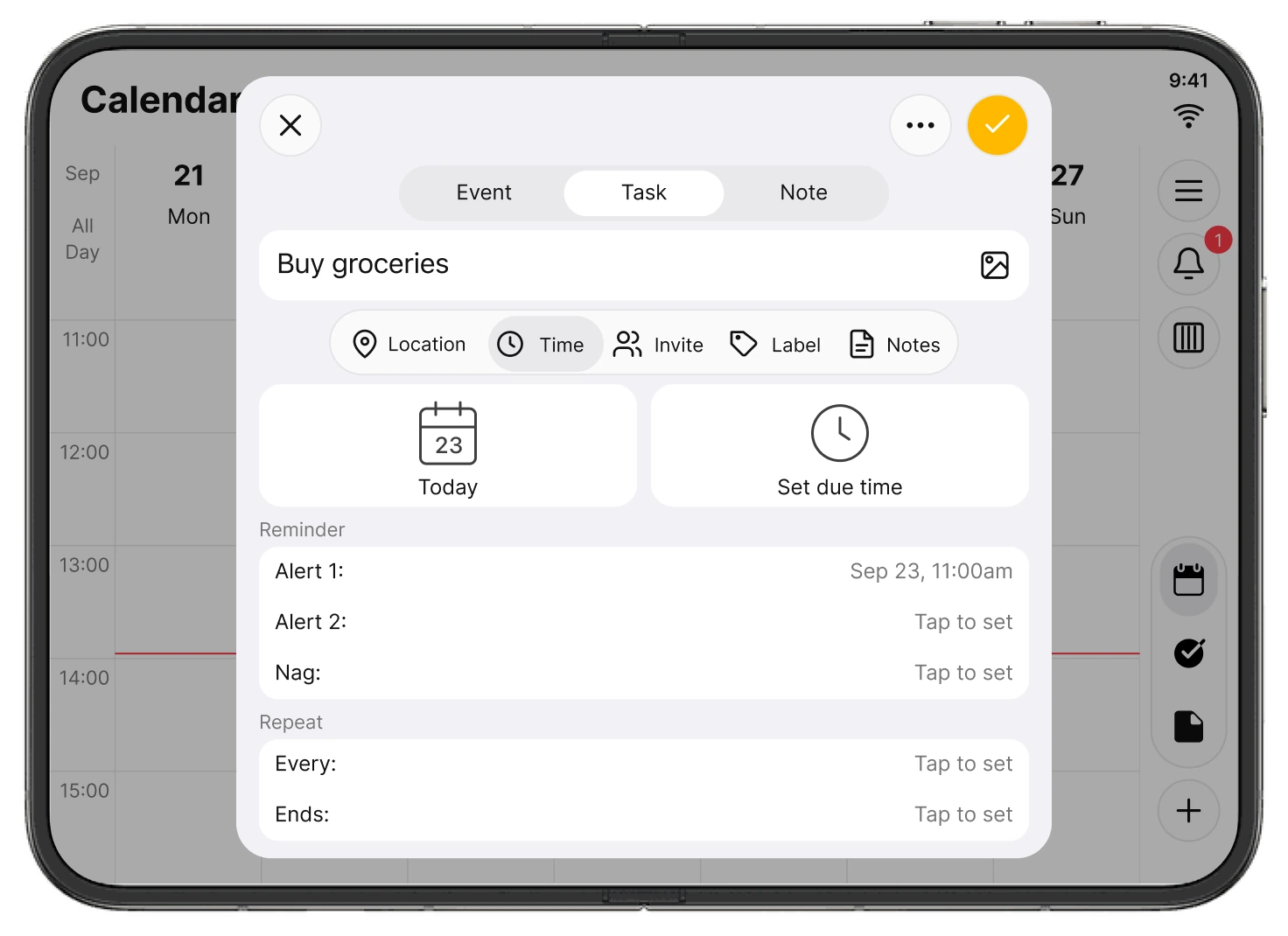 A task editing sheet with reminder and repeat options over 24me’s calendar.