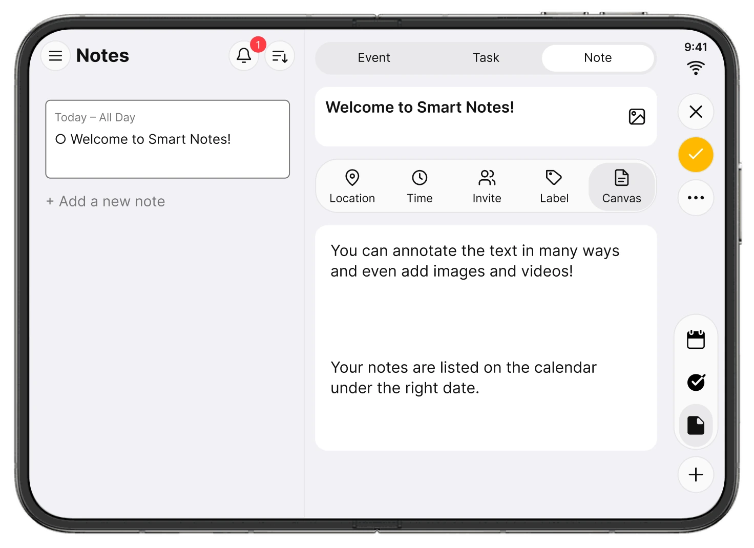24me’s notes list and an open note displayed side by side on iPhone Duo.