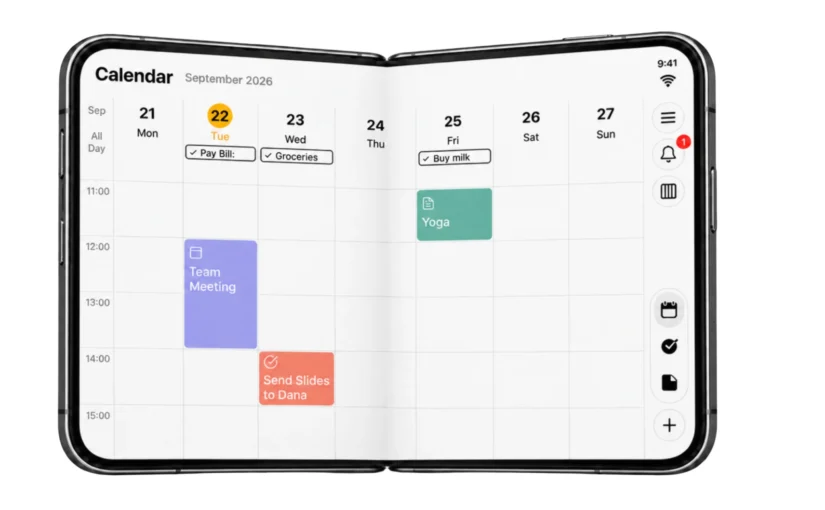 24me’s weekly calendar on a slightly folded iPhone Duo.