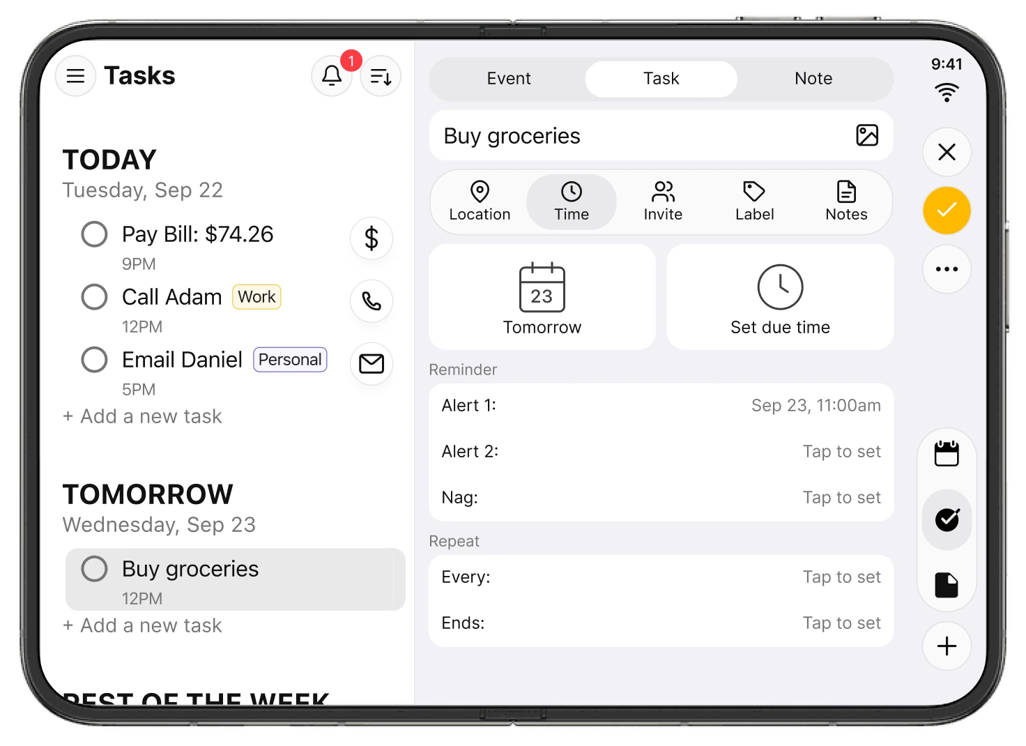 A selected task’s details appear beside the task list on the open iPhone Duo.